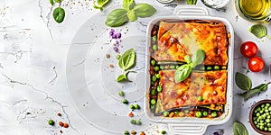 A colorful and appetizing glutenfree vegan lasagna made with grilled eggplant green peas lentils