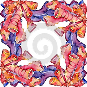 Colorful aquatic underwater nature coral reef. Watercolor background illustration set. Frame border ornament square.
