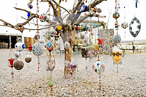 Colorful Arabian ornaments hanging on a dying tree with white background.