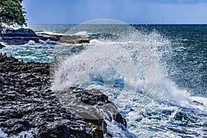 Colorful Arahoho Blowhole Black Lava Blue Water Moorea Tahiti