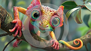 A colorful arboreal mammal with large eyes and a prehensile tail using its dexterous hands to grasp onto the branches of