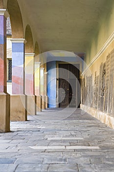 Colorful arcades in Brixen Bressanone, Italy