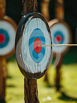 A colorful archery target is mounted on a wooden post in a lush, natural setting with blurred trees in the background