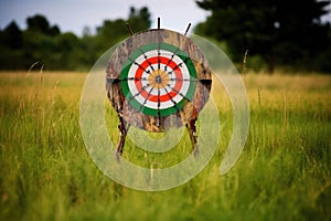a colorful archery target standing in a field photo