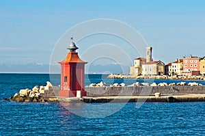 Colorful architecture details at Piran harbor, Istria