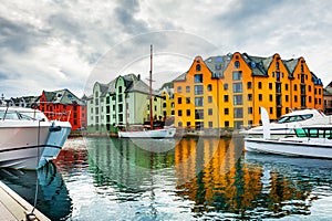 Colorful architecture on the fjord in Alesund, Norway