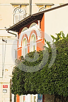 Colorful architecture at harbor of Piran, small coastal town in Istria