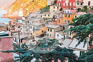 Famous view of the Vernazza old town Italy Cinque terre in the early morning sunrise view, colorful traditional building houses an