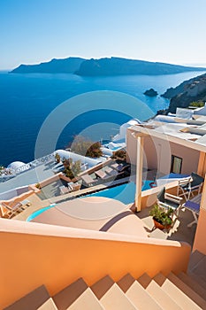 Colorful architecture in Santorini island, Greece. Luxury resort at sunset