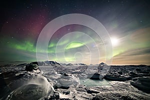 Colorful Arctic winter landscape - Frozen fjord & Northern Lights