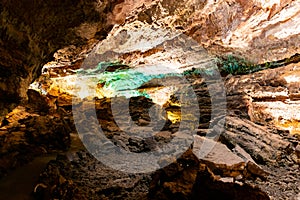 Colorful area in Cueva de los Verdes, an amazing lava tube and tourist attraction on Lanzarote island, Spain