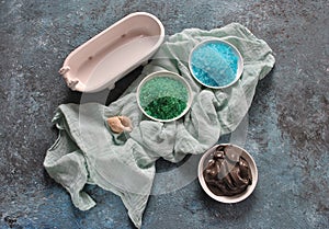 Colorful aromatic bath Dead Sea Salt and black Dead Sea Mud.