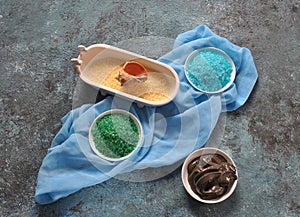 Colorful aromatic bath Dead Sea Salt and black Dead Sea Mud.