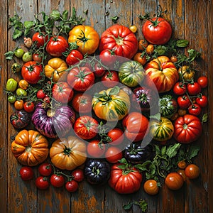 Colorful Arrangement of Fresh Heirloom Tomatoes on Wooden Table