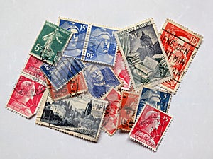 Colorful arrangement of old french postage stamps