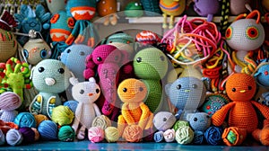 A colorful array of amigurumi creatures displayed alongside their yarn and hooks