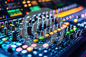 A colorful array of buttons and knobs on a sound board