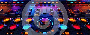 A colorful array of buttons and knobs on a sound board