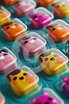 Colorful Array of Cartoon Dog Face Pill Blister Packs on a Turquoise Background