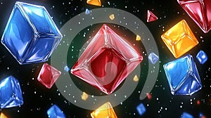 A colorful array of floating geometric shapes in a cosmic background