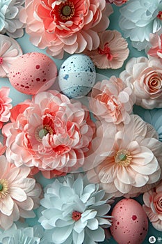A colorful array of flowers, including daffodils, tulips, and roses, sit beside decorated Easter eggs, creating a