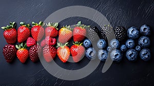 Colorful array of fresh berries arranged in horizontal rows