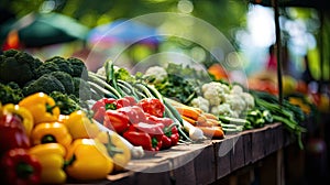 the colorful array of fresh fruits, vegetables, and greens on display at a bustling farmer's market. The scene brims