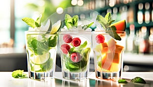Colorful Array of Fresh Mojito Cocktails on a Bar Counter