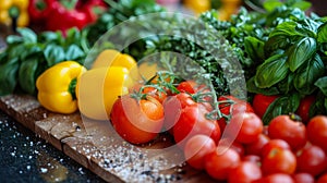 A colorful array of fresh produce and herbs laid out on a wooden ting board ready to be utilized in the cooking class photo