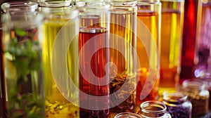 A colorful array of freshly brewed herbal infusions displayed on a table ready for sampling