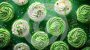 A colorful array of green cupcakes with fluffy white frosting and festive sprinkles perfect for satisfying a sweet tooth photo