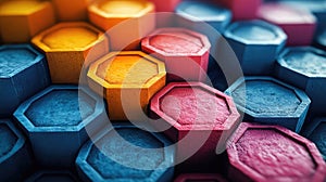 A colorful array of hexagonal blocks arranged in a gradient, representing vibrant abstract art and modern design