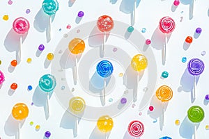 Colorful array of lollipops are arranged in a pattern on a white background