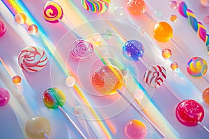 Colorful array of lollipops are arranged in a pattern on a white background.