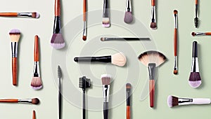 Colorful array of makeup brushes arranged on a soft pastel background