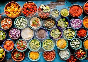 Colorful array of Mexican food ingredients and dishes.