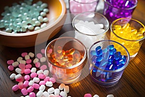colorful array of mood stabilizers scattered on a table