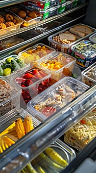 A colorful array of pre-cut fruits, vegetables, and meats in clear fridge containers, ready for quick meal assembly. photo