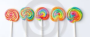 The colorful array of rainbow lollipops on white background. AI generated image