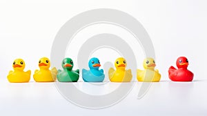 a colorful array of rubber ducks in a row isolated on white