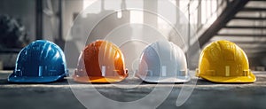 The colorful array of safety helmets in a professional construction environment..AI generated image