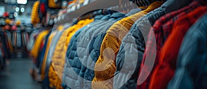 Colorful Array of Secondhand Apparel at a Thrift Store. Concept Thrift Shopping, Vintage Style, photo
