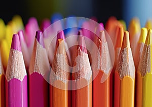 Colorful array of sharpened pencils close-up