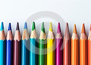 Colorful array of sharpened pencils lined up against a white background