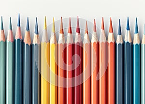 Colorful array of sharpened pencils lined up against a white background