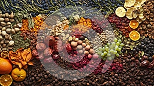 A colorful array of spices, herbs, and dried fruits arranged artistically