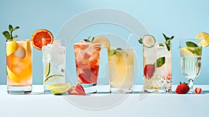 Colorful Array of Summer Drinks on Light Blue Background, Refreshing Beverages with Fruits, Ideal for Restaurant Menus