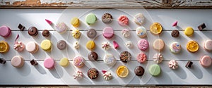 A Colorful Array of Tempting Desserts on a Rustic Wooden Table Display