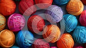 Colorful array of yarn balls in close-up. Knitting and crocheting supplies. Textile and craft concept. High-quality