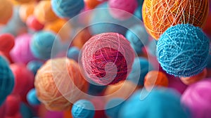 Colorful array of yarn balls in soft focus. crafting, knitting and textile concept on display. perfect for hobbyists and